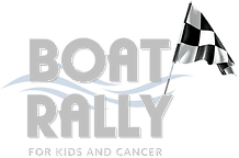 A logo for a boat rally for kids and cancer with a checkered flag.