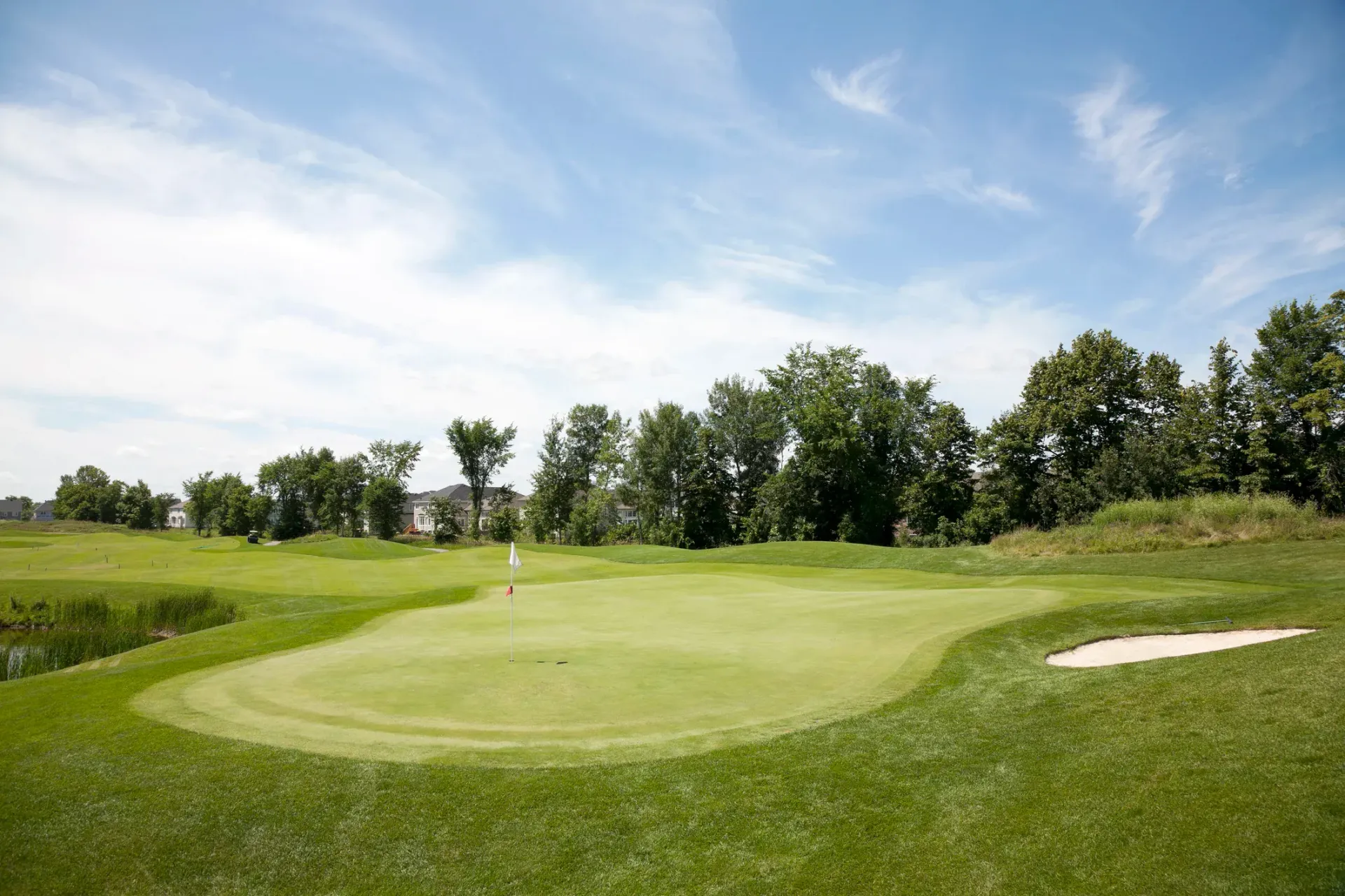 A golf course with a green and trees in the background on a sunny day.