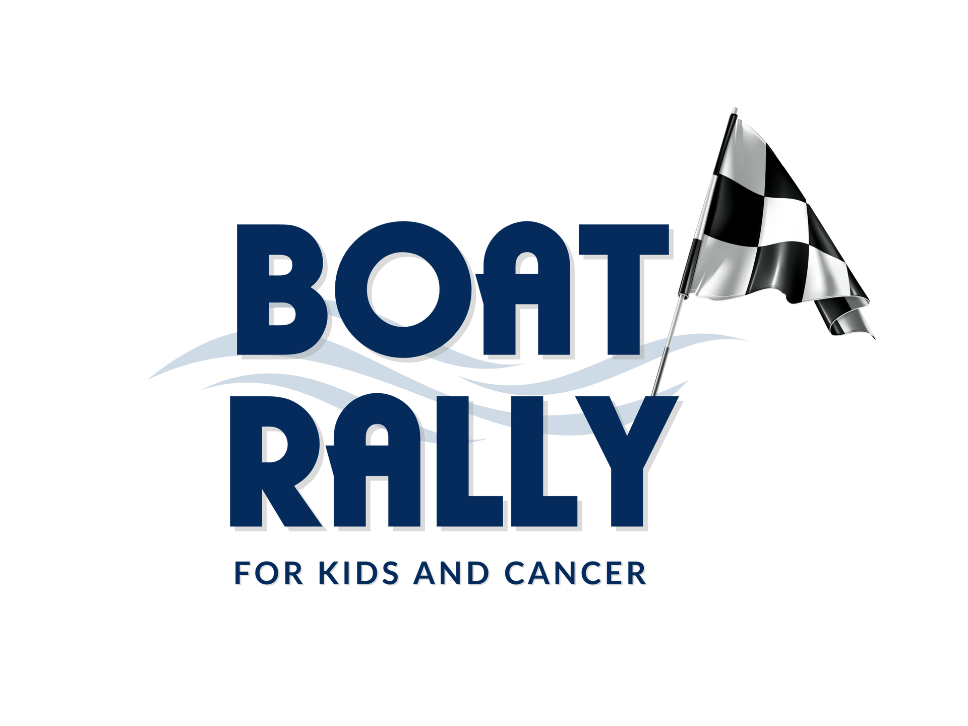 A logo for a boat rally for kids and cancer with a checkered flag.