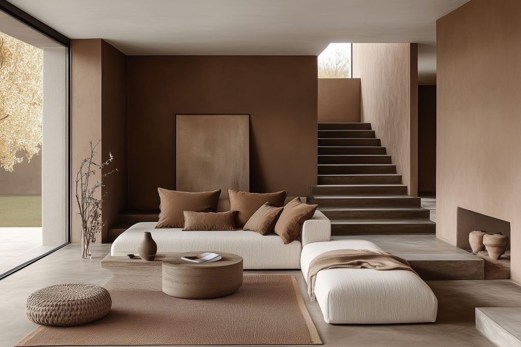 A photo of a modern living room with brown walls.