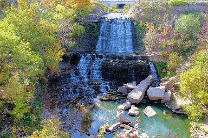A waterfall in the middle of a forest with a bridge in the background.