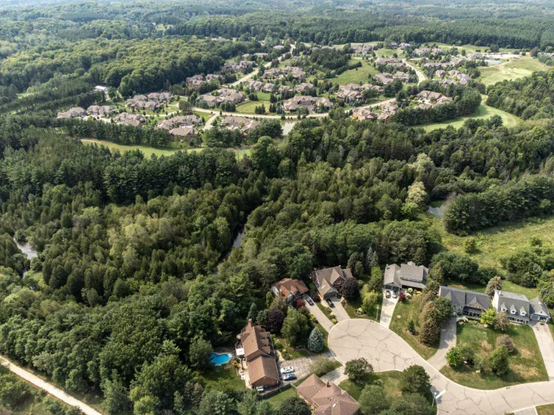 An aerial view of a residential area surrounded by trees and houses.