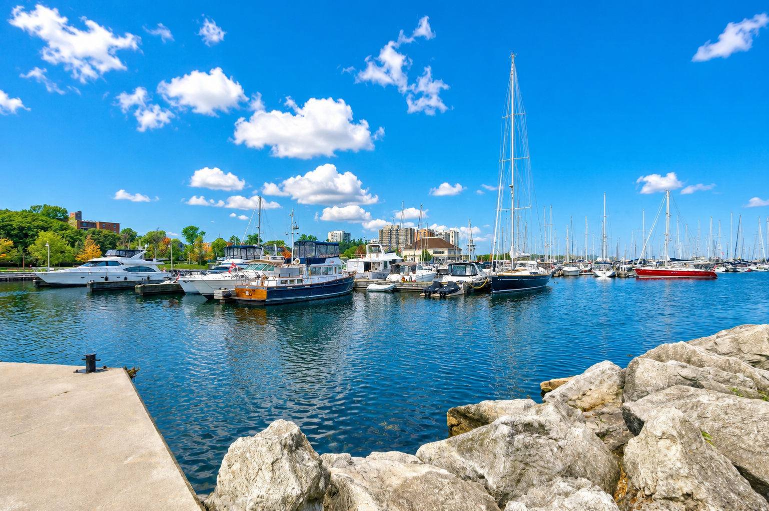 An outdoor photo of Bronte Harbour showcasing the water, rocks, boats and blue sky.
