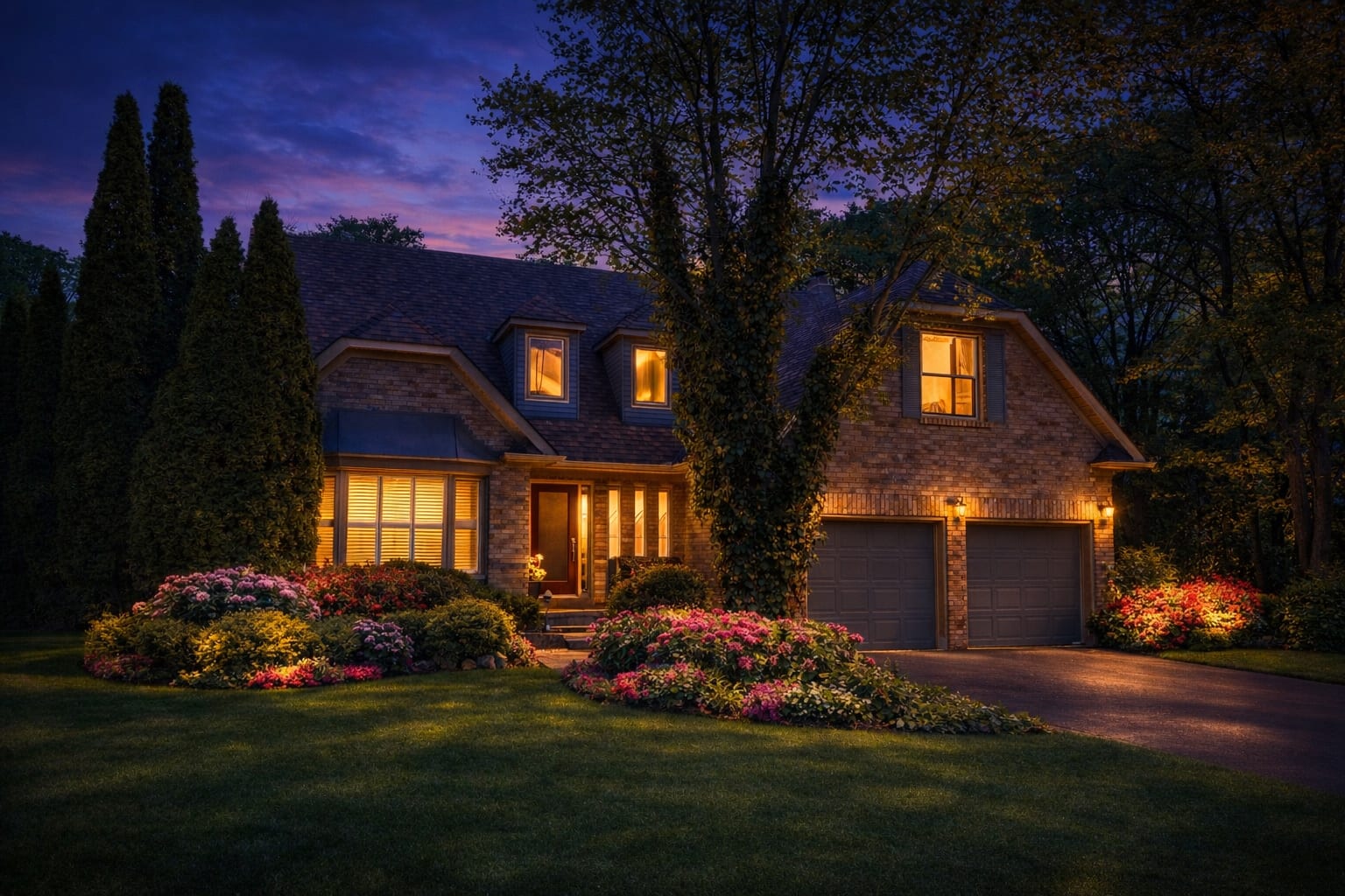 Brick family home glowing at dusk with mature trees and flowering gardens in Oakville, marketed by the Dan Cooper Group.
