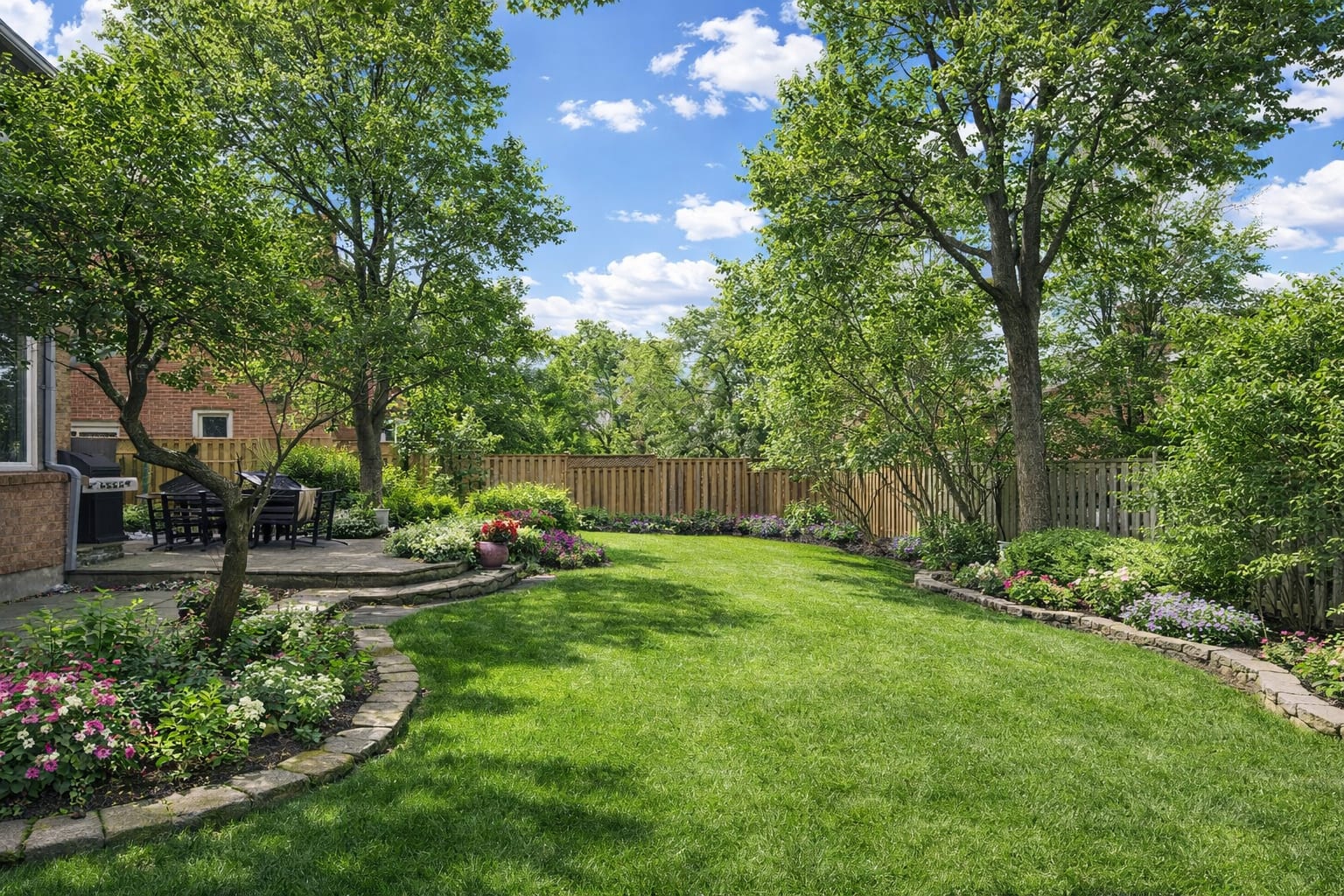 Landscaped backyard with a stone patio, flower beds and mature trees at an Oakville family home, marketed by the Dan Cooper Group.