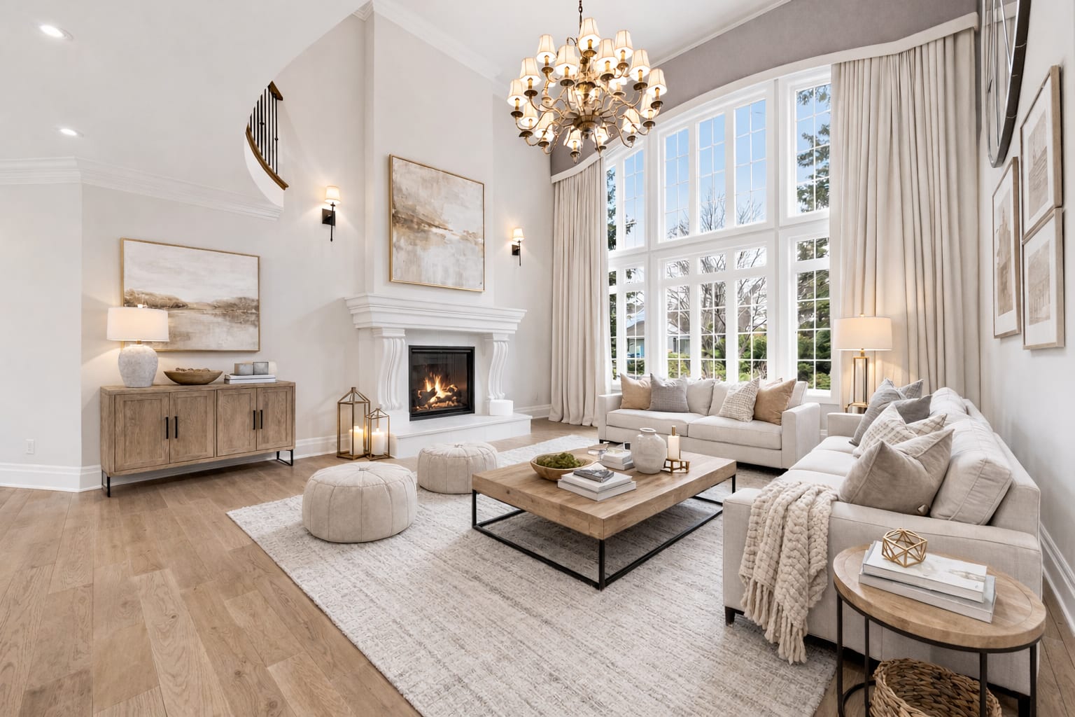 Two-storey living room with fireplace and floor-to-ceiling windows in a luxury Oakville home, marketed by the Dan Cooper Group.