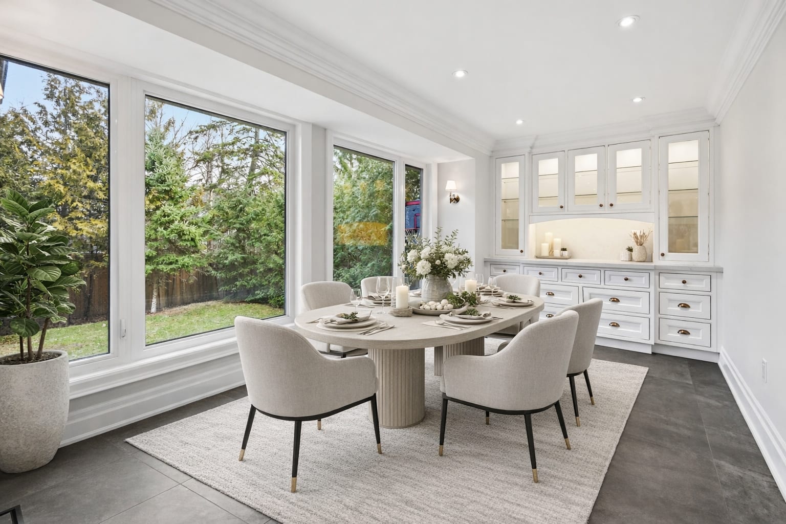 Dining room with large windows overlooking a private, tree-screened garden in Oakville, marketed by the Dan Cooper Group.