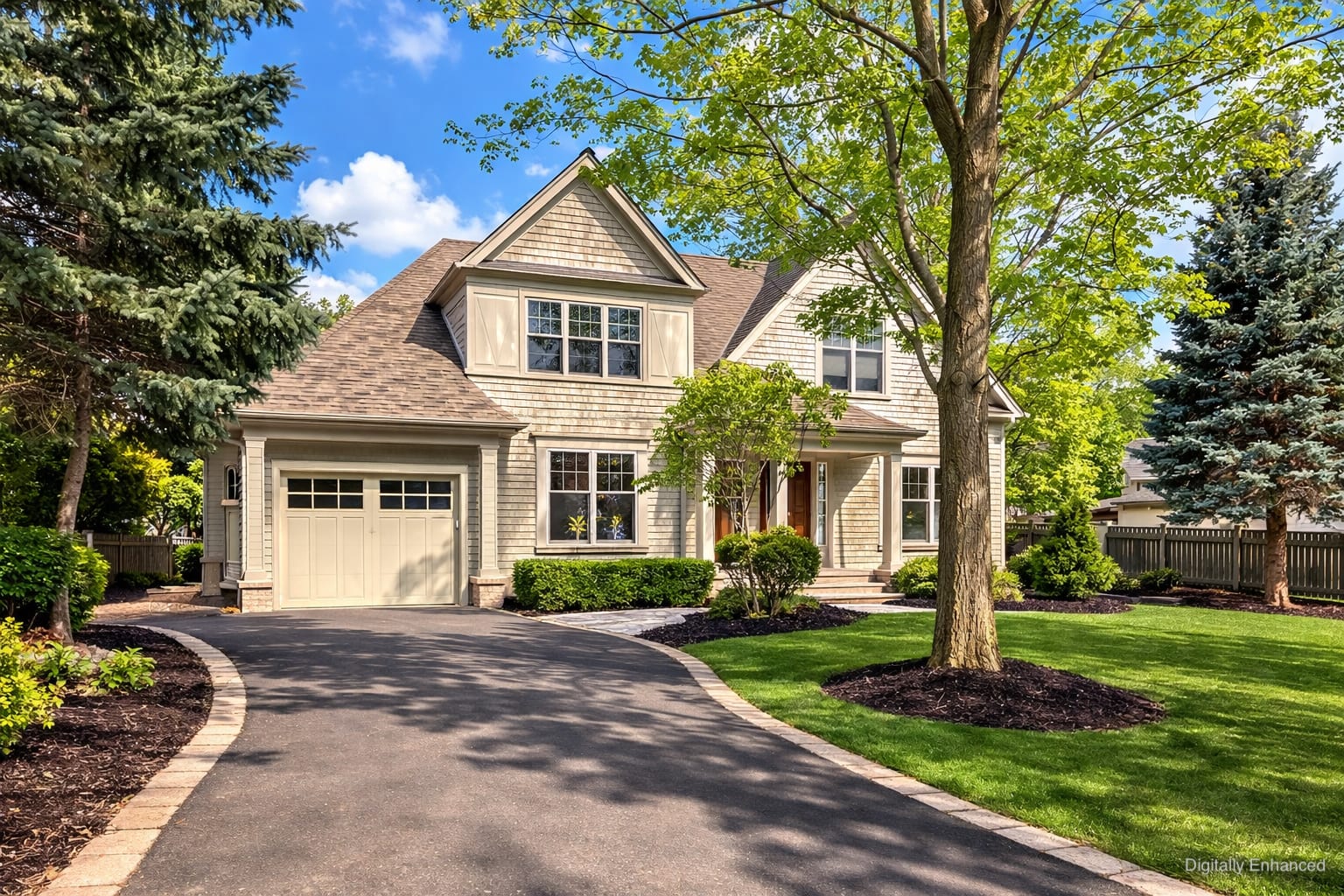 Cedar-shingle home with a tree-lined front lawn and circular driveway in Oakville, sold by the Dan Cooper Group.