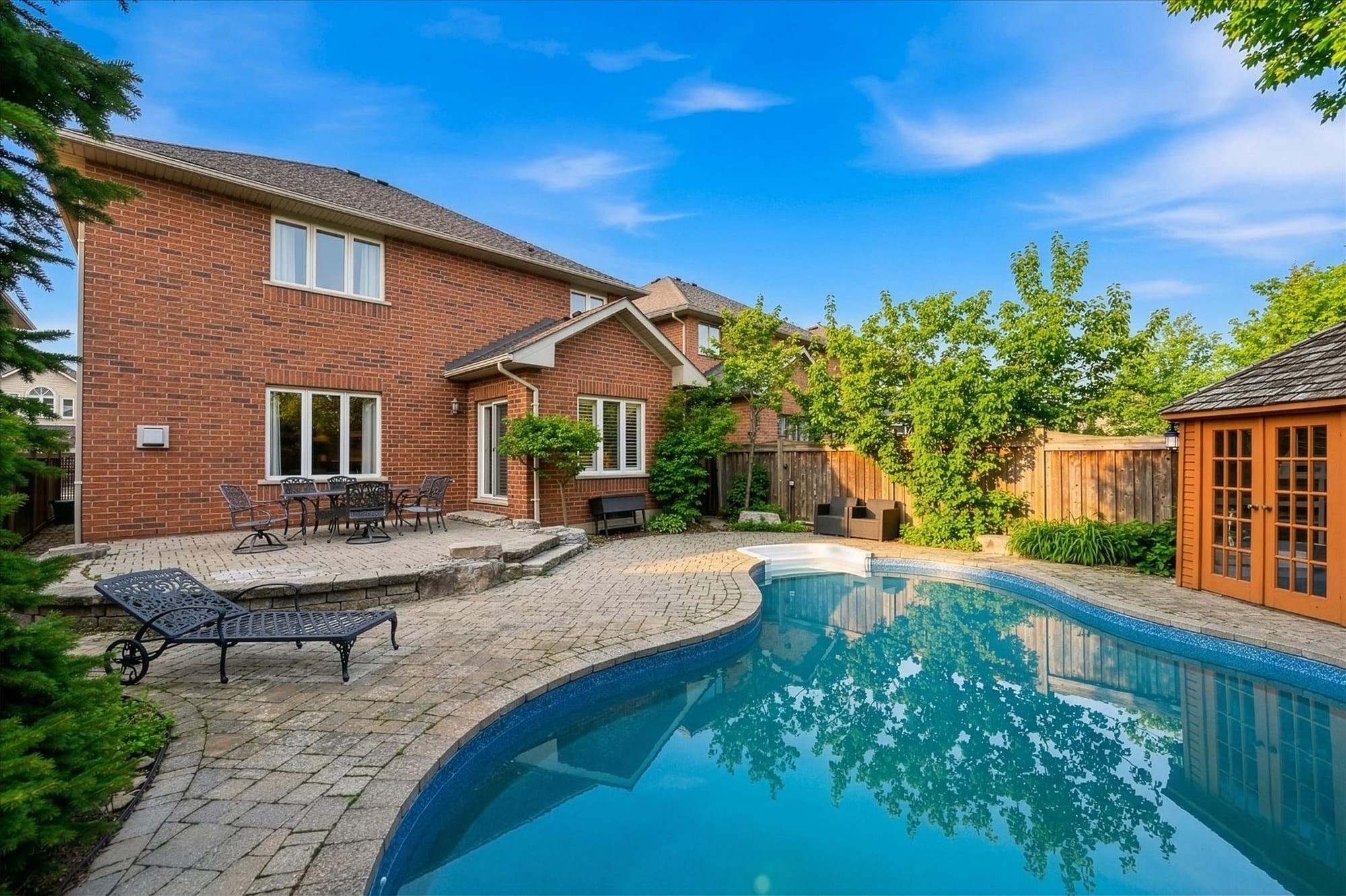 Landscaped backyard and pool of an Oakville estate home, marketed by the Dan Cooper Group.
