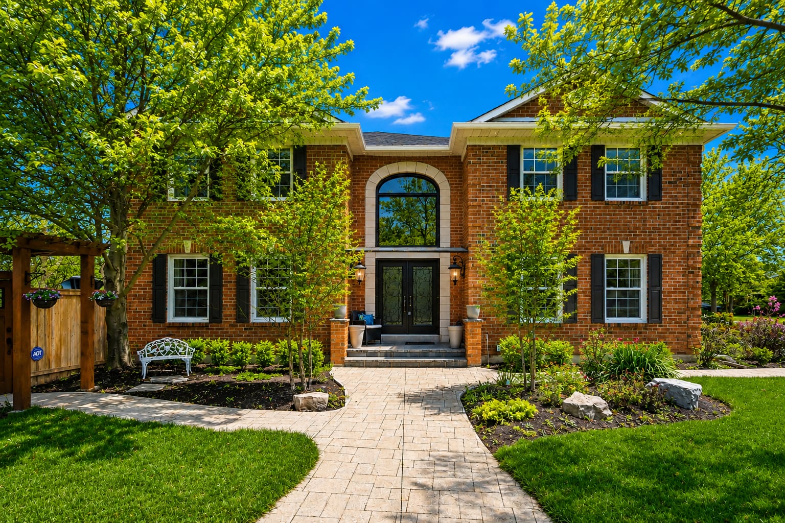 Front exterior of a brick Oakville home with mature trees and landscaped gardens, marketed by the Dan Cooper Group.