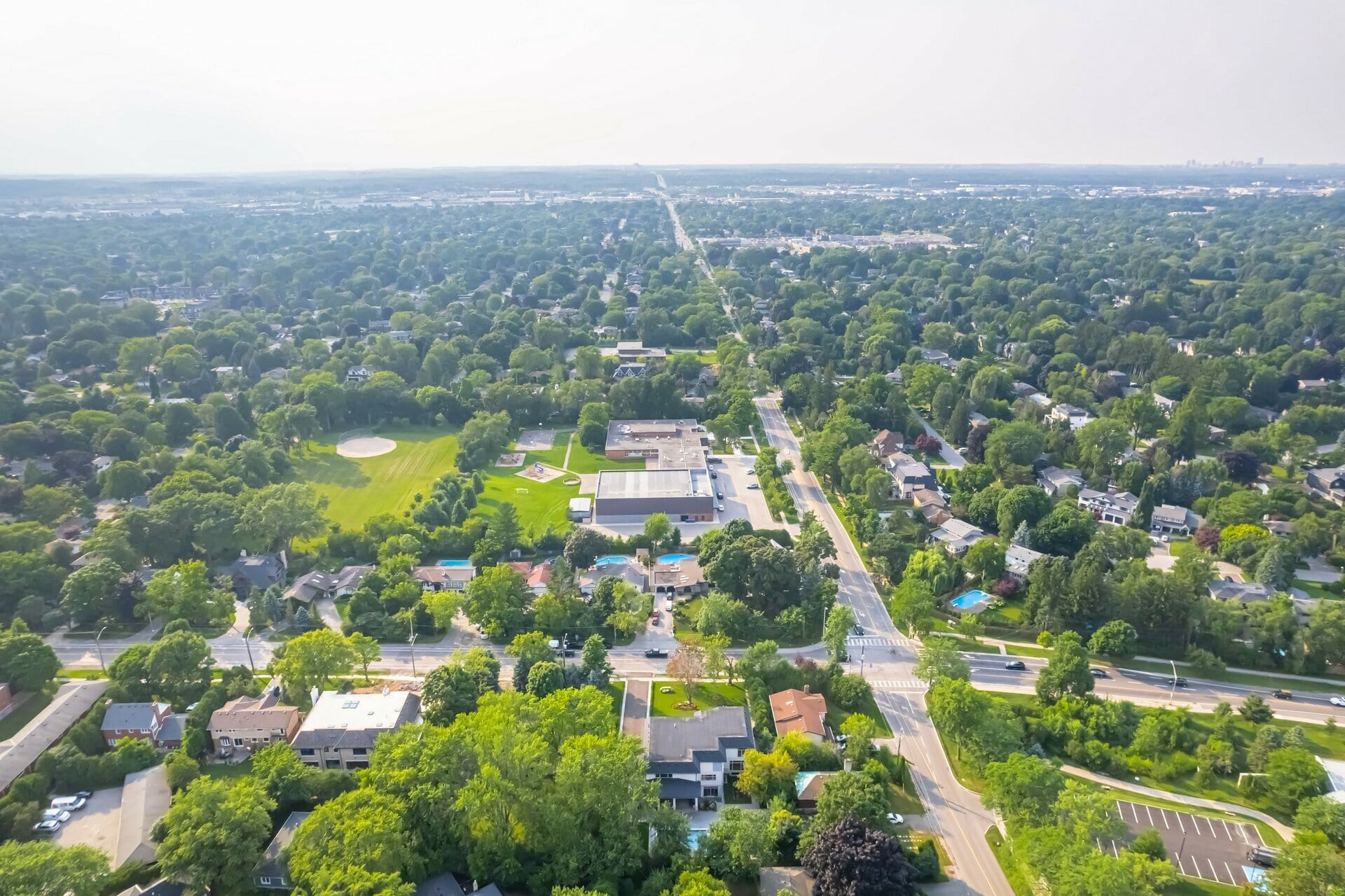 Aerial view of an established neighbourhood under a dense tree canopy, with a school field and tree-lined streets.