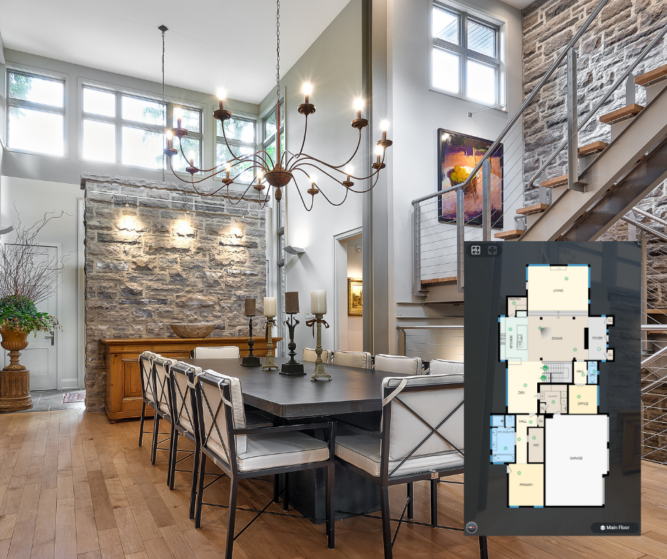 A dining room with a large table and chairs and a floor plan